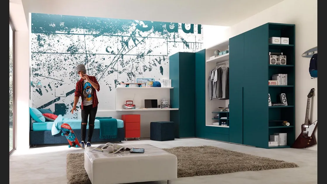 Cameretta con letto su ruote in laccato e melaminico YC310 di Moretti Compact