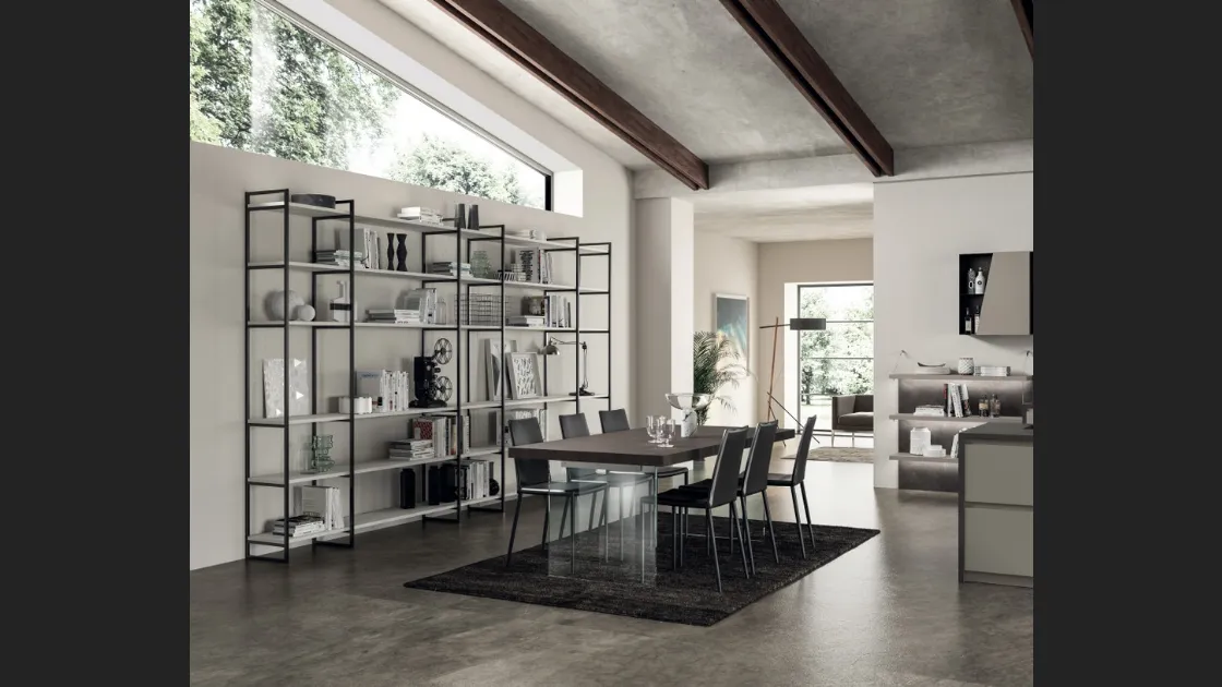 Libreria Living Liberamente sistema Metro in alluminio e decorativo Concrete Jersey di Scavolini