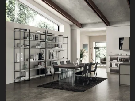 Libreria Living Liberamente sistema Metro in alluminio e decorativo Concrete Jersey di Scavolini