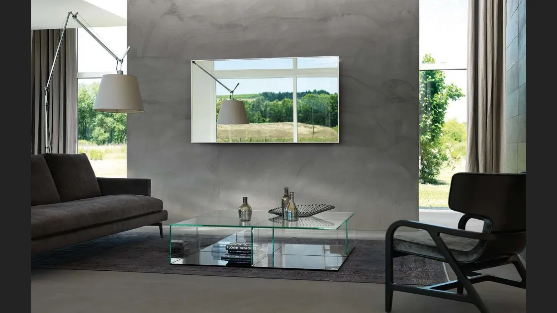 Mobile Specchio Porta Tv Mirage in vetro con retrocornice in alluminio di Fiam