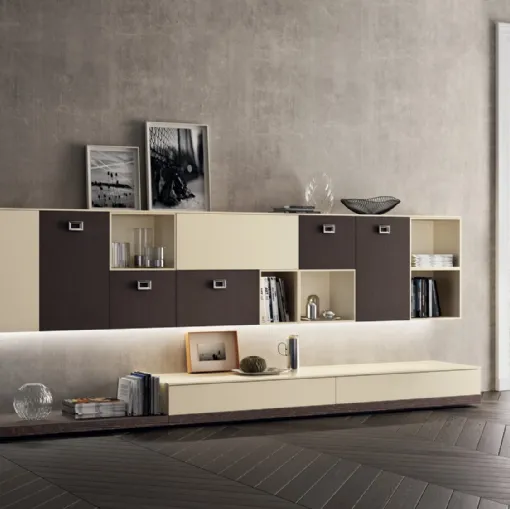 Parete Attrezzata Living Exclusiva in laccato Beige e Pelle Ebano di Scavolini