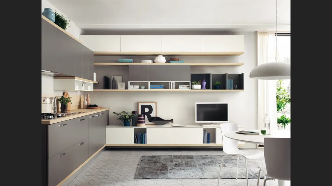 Parete Attrezzata Living Foodshelf in laccato Bianco e Frassino di Scavolini