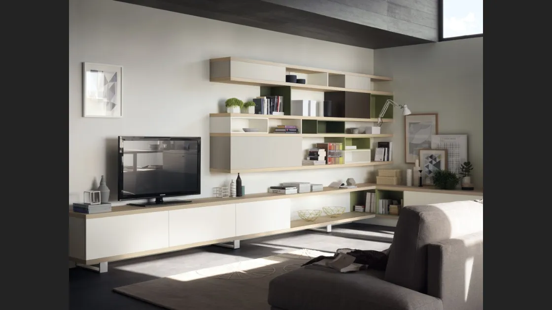 Parete Attrezzata Living Foodshelf in laccato Bianco, Tortora e finitura Frassino di Scavolini