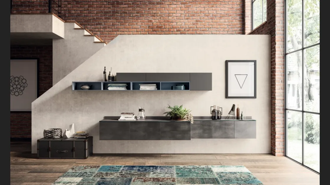 Parete Attrezzata sospesa Living Mood in decorativo Oxide Steel di Scavolini