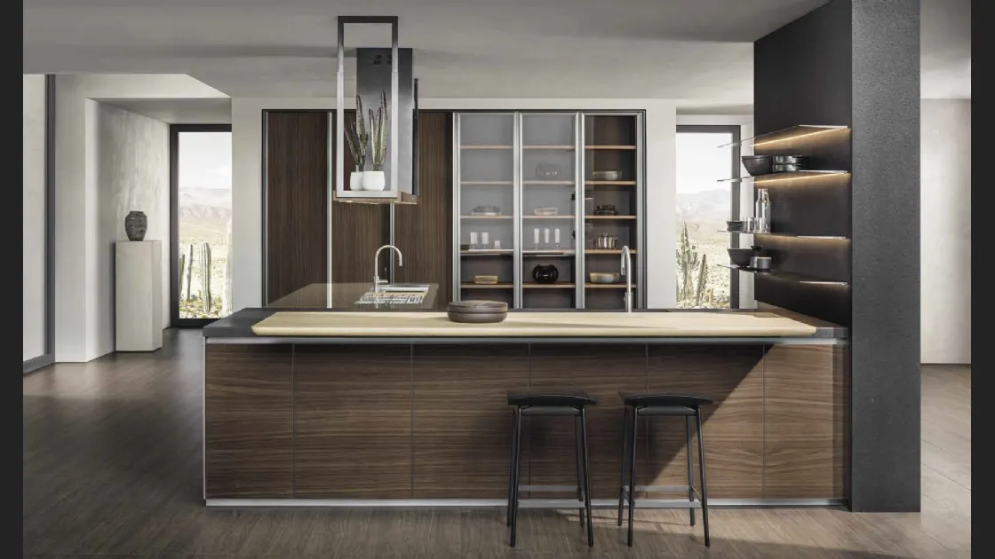 Cucina Design con penisola HiLine 6 Frame Door con base in Noce, top in acciaio Inox e Nero Lava, banco snack in Rovere biondo nodato di Molteni & C