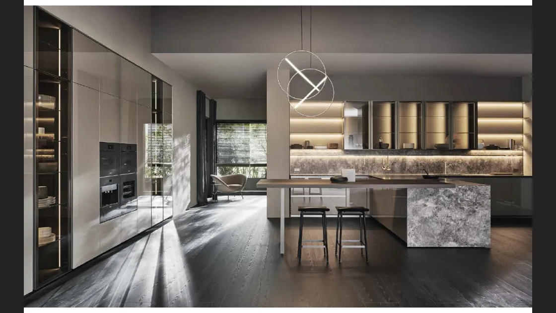 Cucina Design con penisola Prime in laccato lucido Argilla e Pietra di Molteni & C