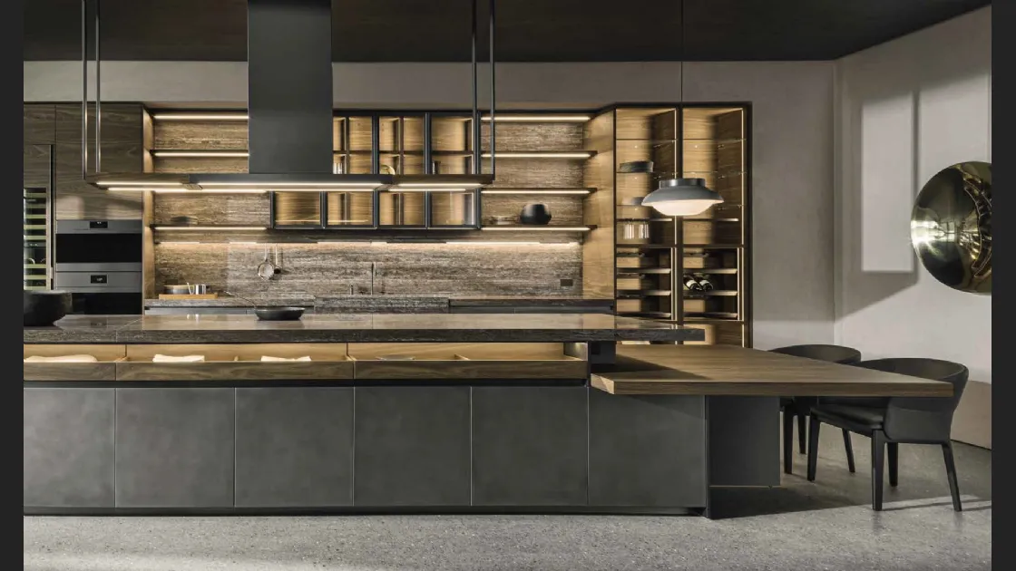 Cucina Design con isola VVD in Acciaio Nebula e Rovere thermo con top in marmo travertino di Molteni & C