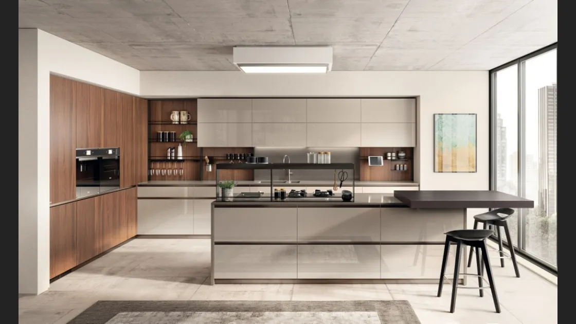 Cucina Moderna Boxi in laccato lucido Visone e Noce Sunset di Scavolini