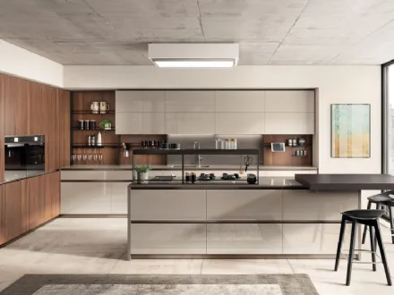 Cucina Moderna Boxi in laccato lucido Visone e Noce Sunset di Scavolini