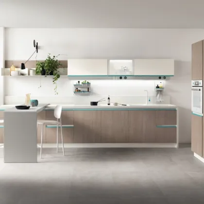 Cucina Moderna Dandy Plus Rovere Gessato con maniglia Blu Agave di Scavolini