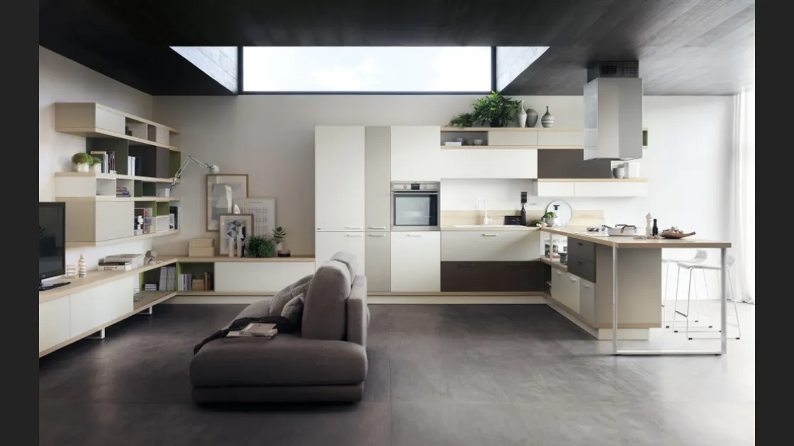 Cucina Moderna Foodshelf Bianco Puro Grigio Gabbiano e Grigio Terra di Scavolini