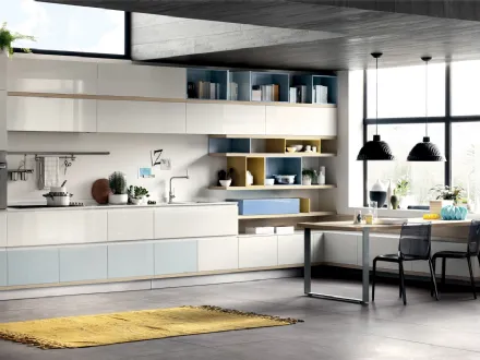 Cucina Moderna Foodshelf 02 in laccato lucido Ghiaccio e Azzurro Laguna di Scavolini