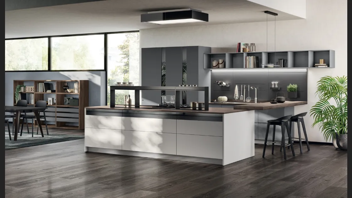 Cucina Moderna Motus in laccato Grigio Airone e Grigio Vulcano di Scavolini