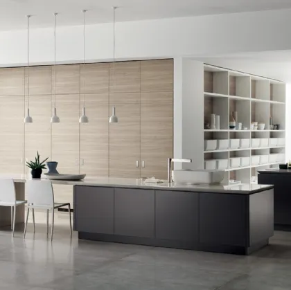 Cucina Moderna Qi con doppia isola in laccato Grigio Ferro e Olmo Hono di Scavolini