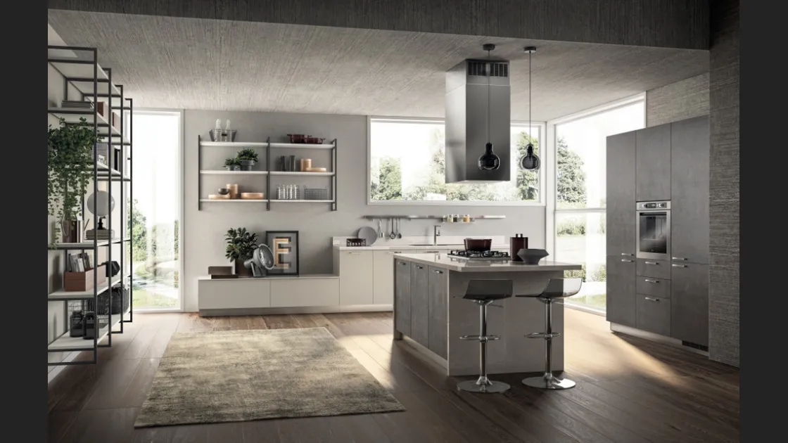 Cucina Moderna con isola Sax in decorativo Concrete Dark e Nebbia di Scavolini