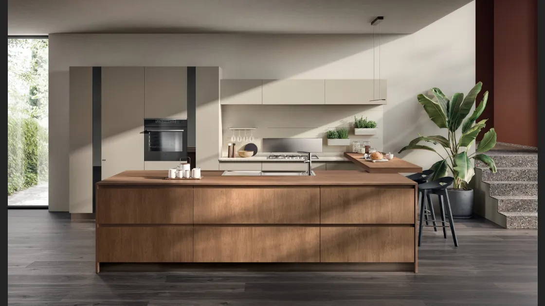 Cucina Moderna Motus 02 in Rovere Landscape e laccato opaco Visone di Scavolini
