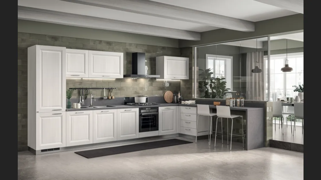 Cucina su misura angolare con penisola Family in decorativo Larice Neve di Scavolini