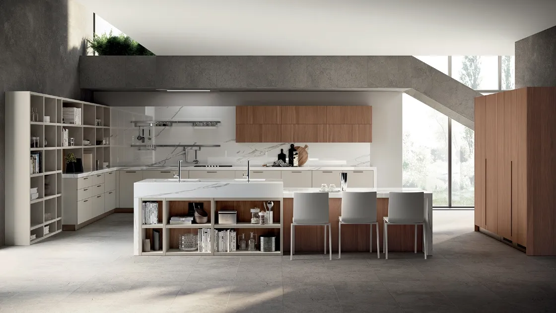 Cucina su misura Mood 10 in laccato Tortora e Noce Tussah di Scavolini