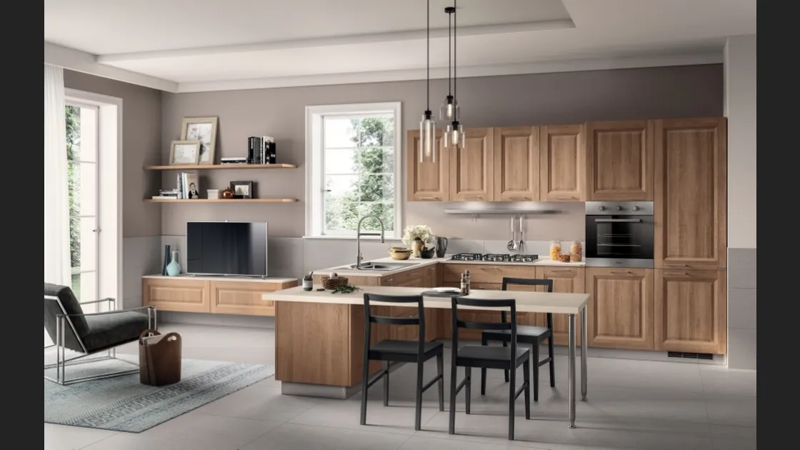 Cucina su misura con penisola Family decorativo Rovere Azteco di Scavolini